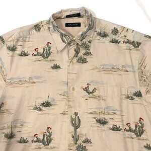 Nautica Desert Cactus Print Short Sleeve Button Up Shirt Medium Tall